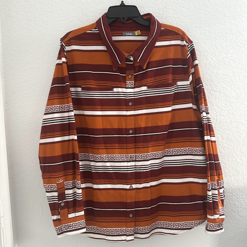 Cabela's Button Down Shirt Womens 2XL Orange‎ Striped Cotton Greek Southwestern